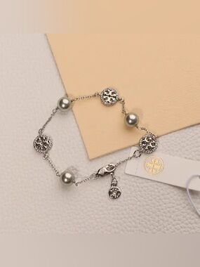 Tory Burch Silver-tone Logo and Pearl Charm Bracelet